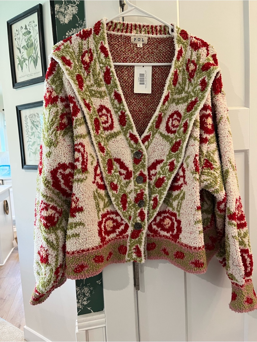 POL Floral Button-Front Sweater - Cream, Red & Green NWOT